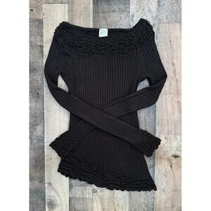 DKNY Vintage Peplum Fitted Black Ribbed Long Sleeved Top Size M